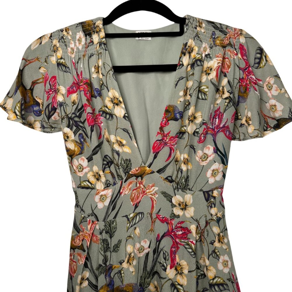 SUNDAY BEST DRESS Coquette Swirly V-Neck Light Sage Green with Flora & Fauna XS
